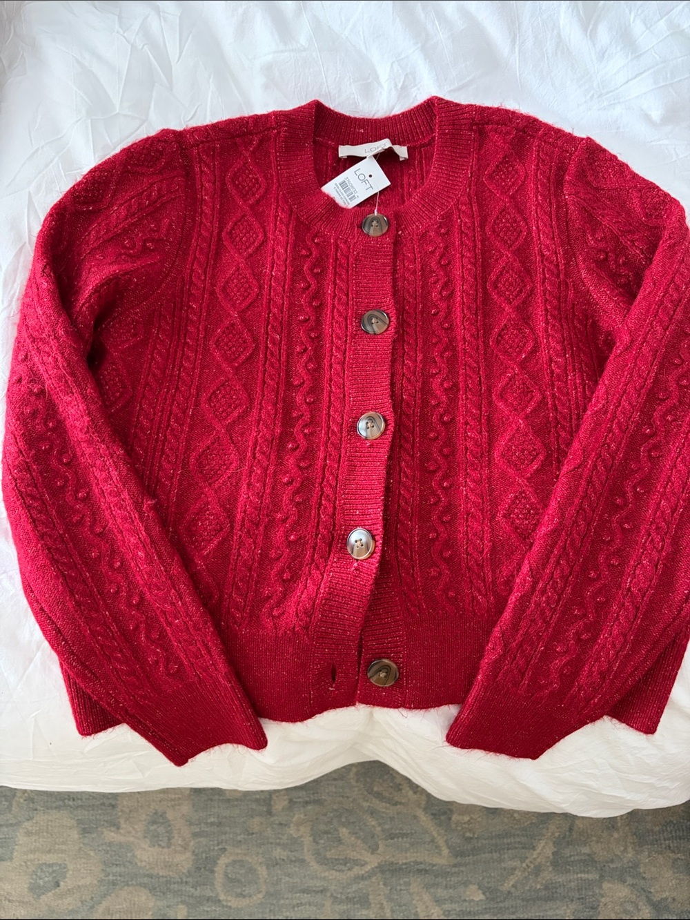 LOFT Ruby Red Cable Knit Button Front Cardigan